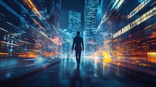 漫步未来都市的孤独身影