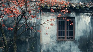 古墙红枫映窗景