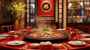 中式火锅餐厅温馨用餐场景