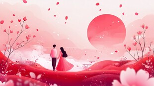 浪漫情侣漫步于花海夕阳中