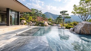 山间庭院中的静谧泳池