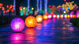 街道上的多彩发光圆球