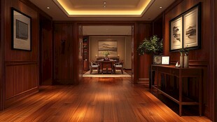 中式典雅宽敞木质走廊空间