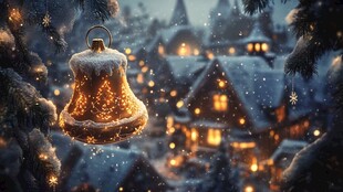 圣诞夜铃铛与温馨雪村景