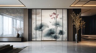 中式客厅水墨荷花屏风装饰