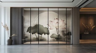 中式雅致空间的荷花隔断