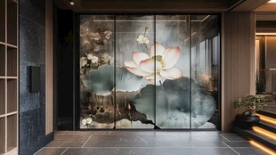 中式玄关水墨荷花玻璃屏风
