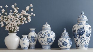 中式青花瓷瓶与插花摆件