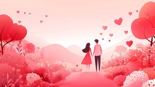 浪漫情侣漫步粉色梦幻之境