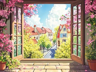 窗外春日烂漫小镇风光