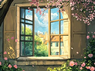 窗外春光烂漫的美丽景致