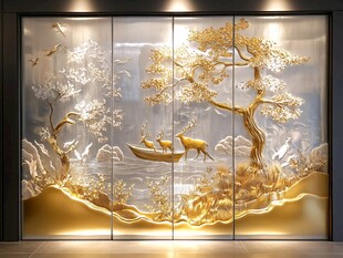 金雕山水瑞兽艺术玻璃门