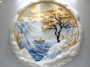 圆形山水浮雕 静谧诗意之景