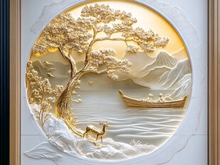 圆形金雕山水意境图