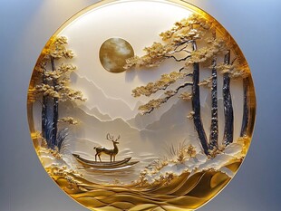 圆月松间鹿舟中式美景