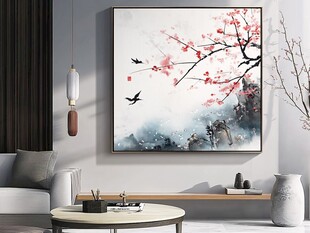 中式客厅中的诗意花鸟挂画