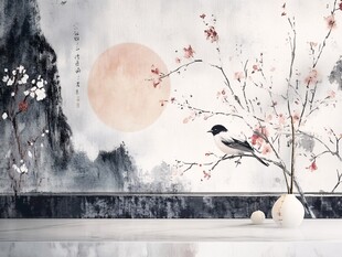 中式山水花鸟意境背景图