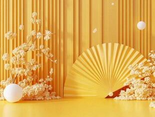 黄色折扇与花卉装饰场景