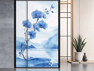 蓝调水墨兰花屏风装饰画