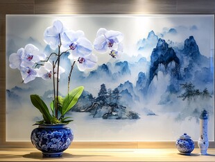 青花瓷瓶兰花山水装饰画