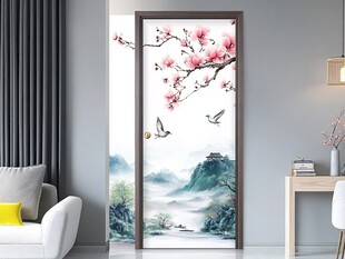 中式花鸟山水入户门装饰画