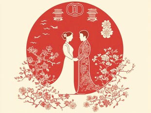 中式婚礼情侣剪纸风插画