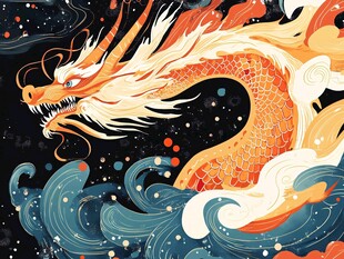 金龙戏浪绘东方奇幻意境
