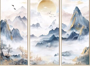 三联水墨山水风景图
