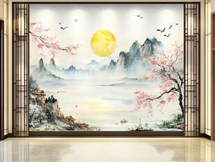 中式山水花鸟玄关壁画