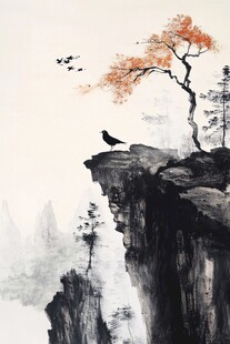 孤鸟立崖畔 秋树映远山