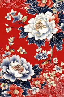 中式繁花红底传统纹样