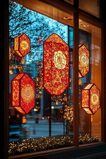 窗前红灯笼点亮节日氛围