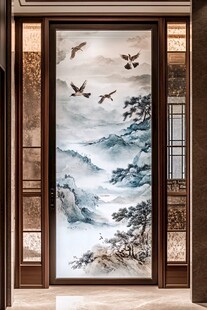 中式山水飞鸟入户玄关画
