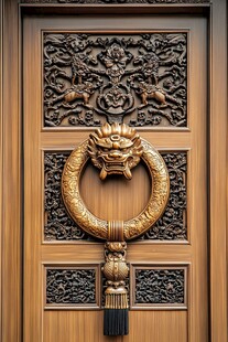 中式雕花木门配铜质门环