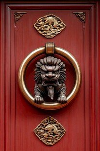中式红门铜狮门环装饰