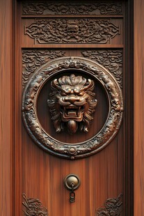 中式雕花木门上的狮头门环