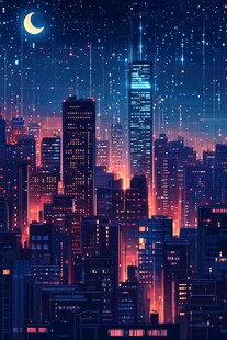 梦幻月夜下的繁华都市夜景