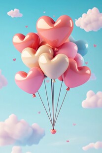 爱心气球飘向梦幻蓝天