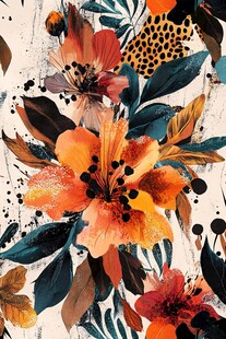 花卉水彩画 豹纹元素融合