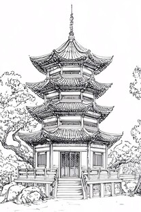 中式宝塔手绘建筑图