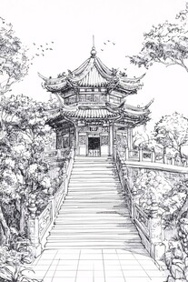 中式古亭步道黑白线稿图