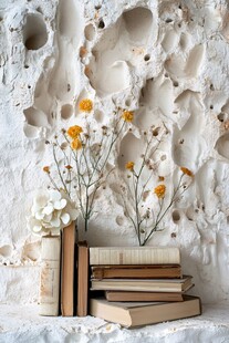 书与花装点的斑驳墙面