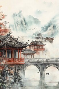 水墨古风山水间的中式建筑