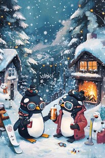 雪夜中畅饮的可爱企鹅