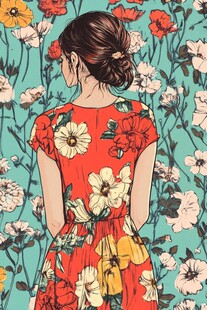 花丛中的红衣女子背影