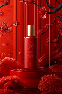 红色奢华风护肤品优雅展示