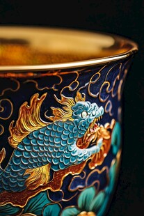 蓝底金纹龙饰精美瓷杯