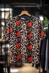 豹纹红花个性短袖T恤