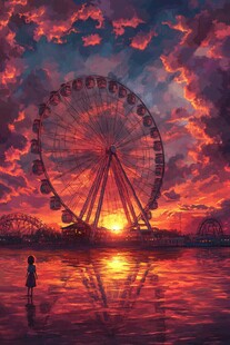 夕阳下的摩天轮与孤独身影