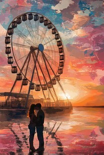 夕阳下摩天轮旁的浪漫情侣